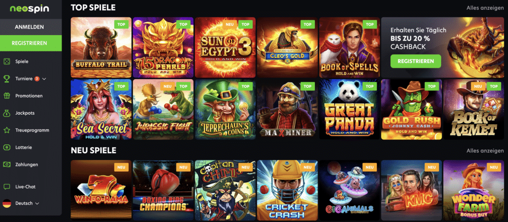 Neospin Casino Auswahl der Spiele